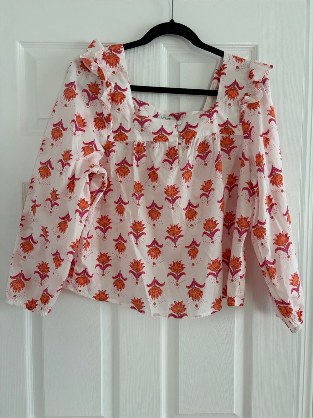 J. Crew Factory White Blouse with Pink and Orange Floral Motif